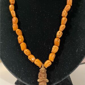 Kuman Thong Brass Thai Amulet and Skull Shaped Vintage Mala Bead Necklace